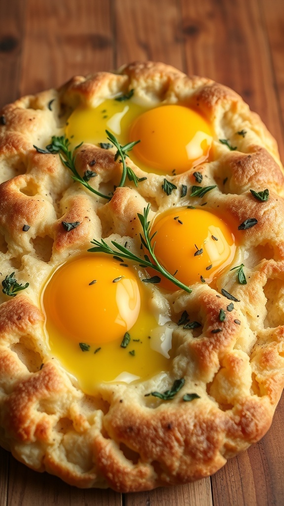 Focaccia Bread with Eggs Recipe Focaccia bread topped with eggs and herbs, fresh out of the oven, on a rustic wooden table.